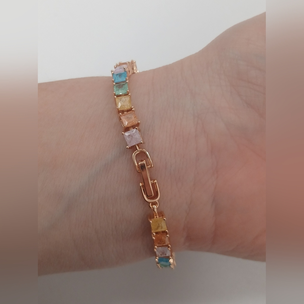New 18k Yellow Goldplated Princess Cut Multicolor Candy Gemstone Bracelet 7" - Picture 2 of 6